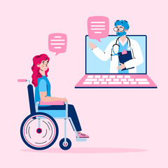 Online internet medical or psychological support banner with doctor remotely advising disabled handicapped patient in wheelchair, flat cartoon vector illustration.