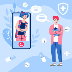 Distance medical help for female patient suffers from gastritis, ulcer, indigestion or food poisoning. Online medicine, doctor consultation and treatment via mobile phone. Vector.