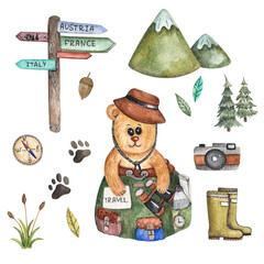 Watercolor set with hand-drawn travel bear, hiking items. Design for postcards, stickers, prints, children's illustrations, books, stickers.