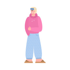 Pajama party. Smiling young man in pyjamas and sleep mask. Guy wearing night clothing having fun at trendy evening holiday. Vector flat illustration isolated on a white background.