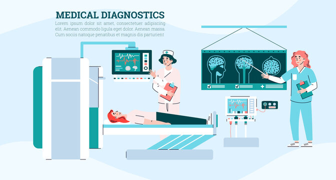 Vector banner with interior of medical hospital office with mrt, mri equipment and doctors making diagnostic of brain female patient using scan of magnetic resonance tomography.