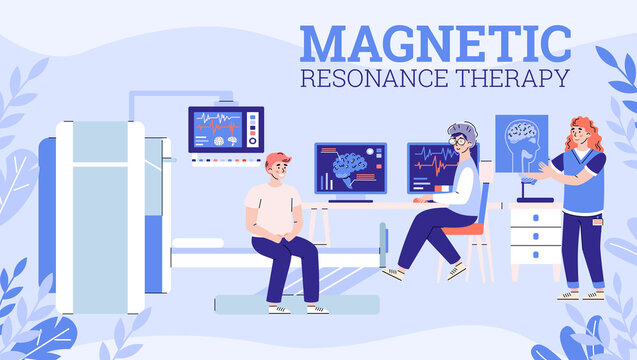 Banner with doctor and nurse explaining patient results brain mri scan. Medical diagnosis mrt, magnetic resonance tomography technology in hospital clinic. Vector illustration.