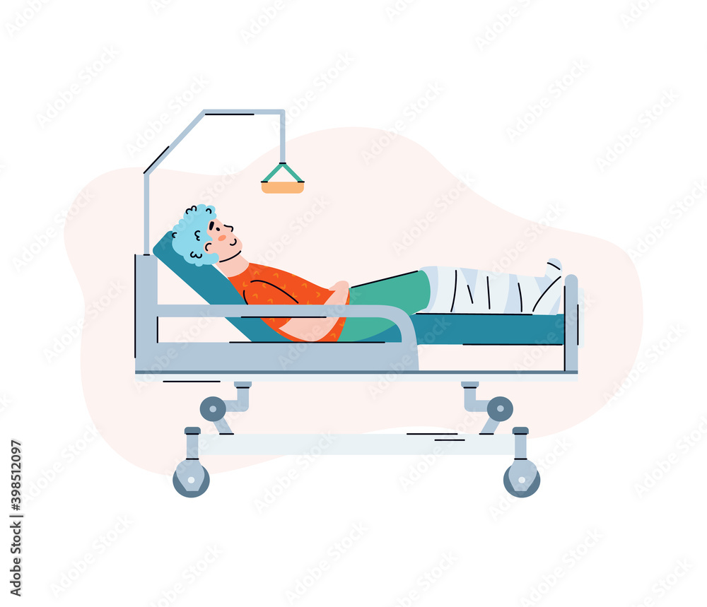 Wall mural seriously ill patient lies on a hospital bed, flat cartoon vector illustration isolated on white bac