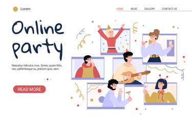 Friends celebrating online birthday, new year or virtual graduation party via internet. Fun distance meeting family. People drink beverages and play guitar. Vector design for web