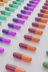 Different colorful Pills capsule. on white background. 3D rendering