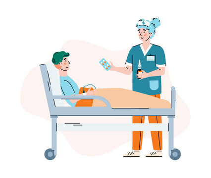Woman doctor is taking care for patient lying in medical hospital bed. Nurse give medicaments for treatment of ill man. Vector illustration isolated on a white background