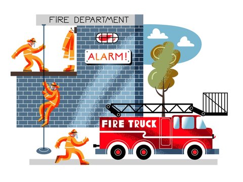 Firefighters hearing emergency alarm. Brigade in uniforms hurrying to rescue people from fire, running to firetruck from station building. Fire department team vector illustration
