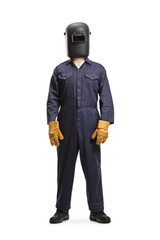 Full length portrait of a welder in a uniform and a protective mask