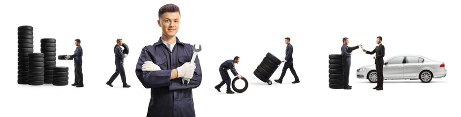 Young guy mechanic and workers carrying car tires, manager giving car keys to a businessman