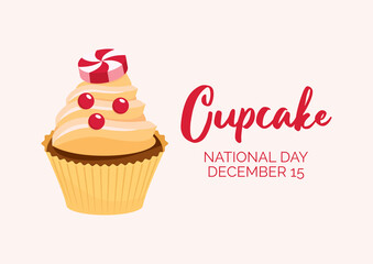 National Cupcake Day on December 15 vector illustration. Vanilla cupcake with hard christmas candy icon vector. Decorated christmas cupcake with sprinkles vector. Cupcake Day Poster, December 15