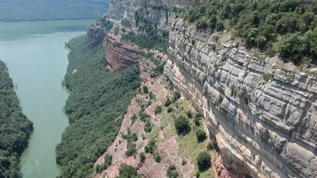 Aerial views of Tavertet cliffs in Catalonia and Sau lake