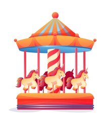 Merry go round vintage carousel flat illustration. Amusement park retro attraction isolated vector design element. Carousel horses. Funfair, carnival, festival.