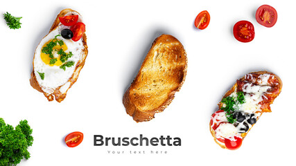 Bruschetta with different fillings on a white background. Vegetables, meat and cheese bruschetta. High quality photo