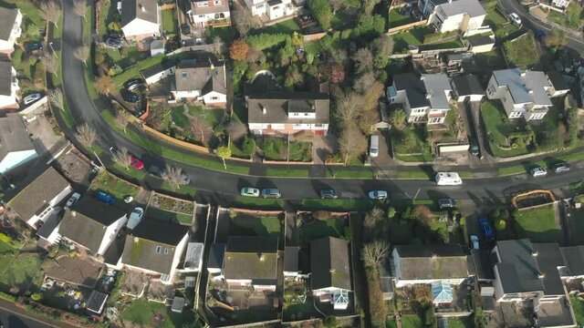 Birds eye view of streets and houses in suburban neighbourhood