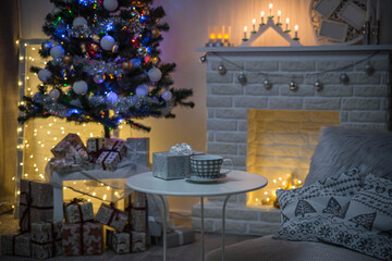 Cosy interior with a fireplace decorated in Christmas style