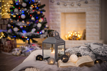 Cosy interior with a fireplace decorated in Christmas style