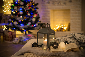Cosy interior with a fireplace decorated in Christmas style