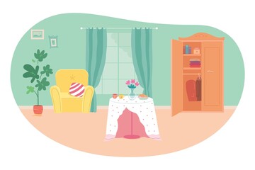 Modern living room interior design background. Room at home with armchair, table, wardrobe, plant, window with curtains. Empty cosy area for rest and recreation vector illustration