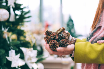 The girl is holding cones in her hands. Against the background of the counter in the store. Concept on the theme of kindergartens for Christmas and New Year.