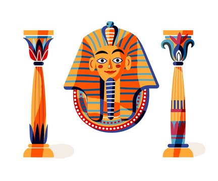 Ancient Egypt pharaoh statue and columns. Egyptian art history symbol and god vector illustration. Pharaoh statue isolated on white background. Mythology elements and patterns