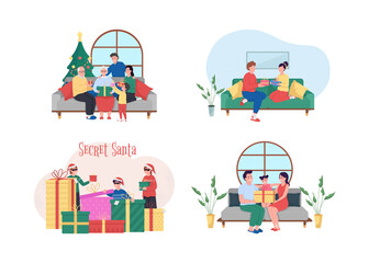 Obraz na płótnie Canvas Christmas gift exchange 2D vector web banner, poster set. Give present. Family flat characters on cartoon background. Seasonal holiday celebration printable patch, colorful web element collection