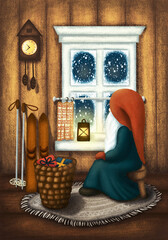 Scandinavian Gnome sitting at home on stool by the window with alight lantern, skis, basket of gifts and look at the snowfall. Nordic folklore Elf, Nisse. Christmas Greeting card, Winter Postcard