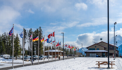 Canmore Nordic Centre Provincial Park in winter sunny day morning. The provincial park was originally constructed for the 1988 Winter Olympics. Canmore, AB, Canada. - obrazy, fototapety, plakaty