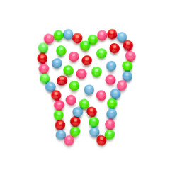 Sweet candy in shape of tooth isolated on a white background. Kids cavity hygiene.