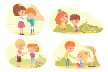Friends support and comfort sad kids set. Empathy, compassion and love vector illustration. Girls and boys crying, feeling pain or sorrow. Children consoling and caring, sympathy