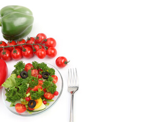 Vegetable salad, plate and fork on white long horizontal background.