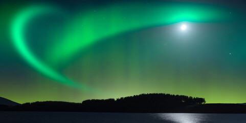 Beautiful night landscape with rainbow at the starry sky . Forest and lake.