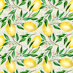 Seamless  watercolor fruit pattern. lemons on twigs with leaves on a light background.