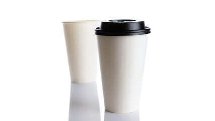 White paper cup for hot coffee with black lid isolated on white background. Takeaway blank small tea cup for your design text or banner of brand.