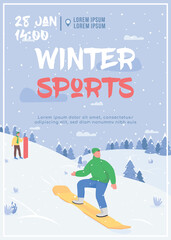 Winter sport poster flat vector template. Snowboarding downhill mountain. Brochure, booklet one page concept design with cartoon characters. Recreational seasonal activity flyer, leaflet