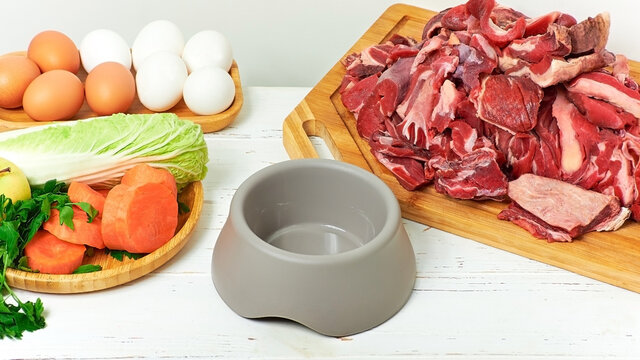 Preparing natural food for cat and dog. Fresh raw meat, eggs and vegetables on table. Healthy homemade pet food. 