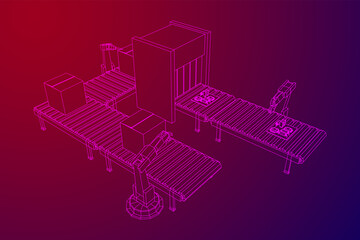 Robotic arm manufacture technology industry assembly mechanic hand. Regular roller conveyor with circuit boards and packed boxes. Wireframe low poly mesh vector illustration