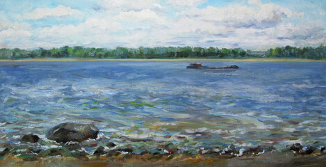 A barge on the Volga riverin summer, oil painting