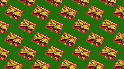 Background of many red gift boxes on green