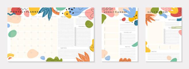 Vector daily,weekly,monthly planners templates with abstract organic shapes and doodles.Organizer and schedule with place for notes; goals and to do list.Trendy cartoon style.Abstract modern design. - obrazy, fototapety, plakaty