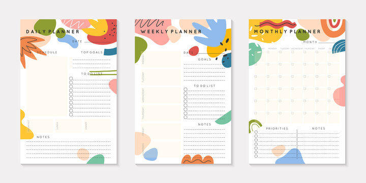 Vector daily,weekly,monthly planners templates with abstract organic shapes and doodles.Organizer and schedule with place for notes; goals and to do list.Trendy cartoon style.Abstract modern design.