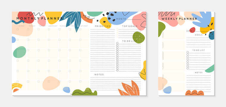Vector weekly and monthly planners templates with abstract organic shapes and doodles.Organizer and schedule with place for notes; goals and to do list.Trendy cartoon style.Abstract modern design.