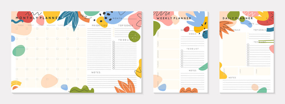 Vector daily,weekly,monthly planners templates with abstract organic shapes and doodles.Organizer and schedule with place for notes; goals and to do list.Trendy cartoon style.Abstract modern design.