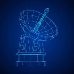 Radar. Directional radio antenna with satellite dish. Astronomy radio telescope . Wireframe low poly mesh vector illustration