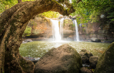 Fototapeta na wymiar Deep Forest beautiful waterfall Haew Suwat, waterfall Kao Yai national park World Heritage at Thailand