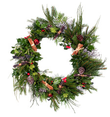 Fototapeta na wymiar Christmas Wreath with holly, cinnammon and fir twigs isolated on white