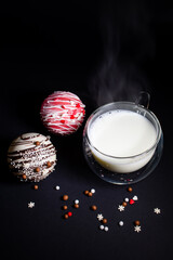 chocolate balls with cocoa and marshmallows in New Year's decoration