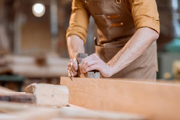 Carpenter working with a wood in the workshop
