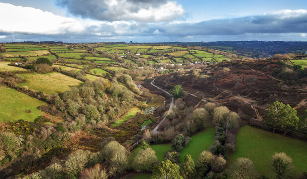 aerial drone image of old mining area united downs near Redruth tin and copper mining 