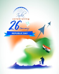 Vector banner of Happy Republic day, 26 january, national holiday of India, red fort, airforce craft and pigeon on abstract tricolor background, template for website and social media.