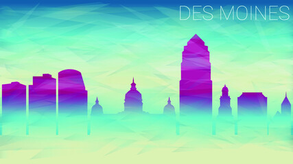 Des Moines Iowa. Broken Glass Abstract  Textured. Banner Background Colorful Shape Composition.